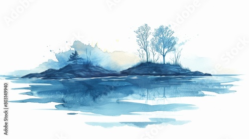 A blue water scene with a small island in the middle