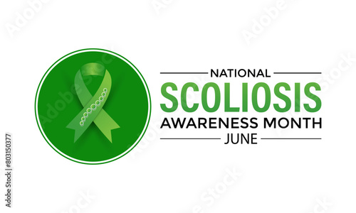 Vector illustration on the theme of National Scoliosis awareness month observed each year in June. Green ribbon with human body design illustration. Banner poster, flyer and background design.
