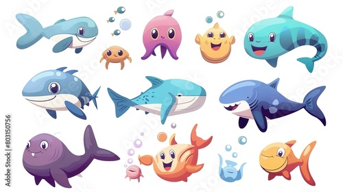 A colorful collection of cartoon sea animals including whales  sharks and cute fish characters.