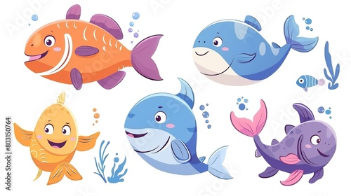 A colorful collection of cartoon sea animals including whales, sharks and cute fish characters.