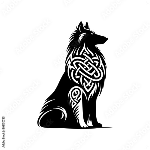 dog, collie  silhouette in animal celtic knot, irish, nordic illustration