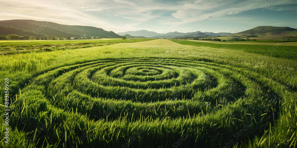 Scenic Landscape with Spiral Field and Mountain Background amid Lush Grass in Nature Setting