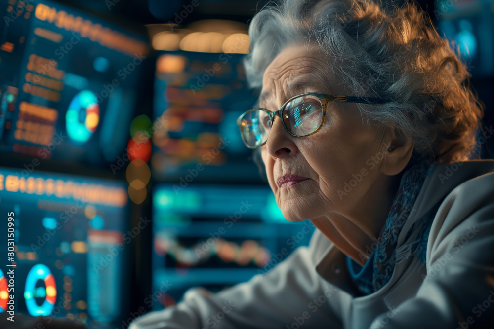 Elderly woman in a tech environment, deep in thought. Represents lifelong learning, expertise in age, and wisdom in technology. Elderly woman in a tech environment, deep in thought. Represents lifelong learning, expertise in age, and wisdom in technology.