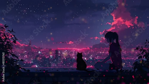 An animated scene featuring a girl and a cat against a nighttime cityscape backdrop. Lo-fi style photo