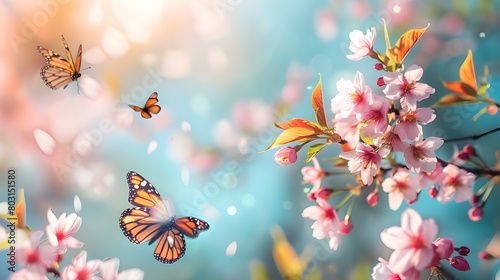 pring banner  branches of blossoming cherry against background of blue sky and butterflies on nature outdoors. Pink sakura flowers  dreamy romantic image spring  landscape panorama  copy space.