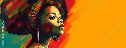 Gorgeous beautiful African woman in national colors of Africa, freedom day, emancipation day, yellow banner place for text