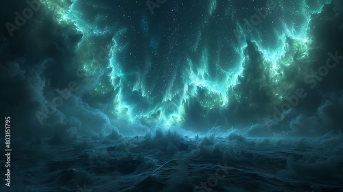 Depict a breathtaking scene of cosmic auroras over a mysterious planetary surface, featuring waves of electric blues and greens against a dark sky.