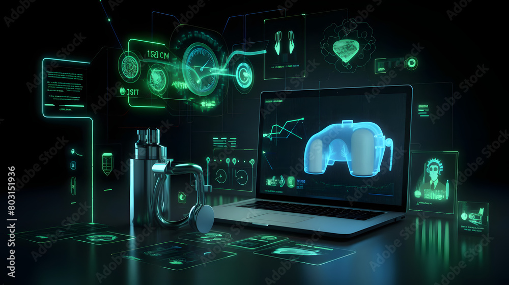 Telemedicine Interface with Green and Blue Medical Devices on Dark Background Telemedicine Interface with Green and Blue Medical Devices on Dark Background