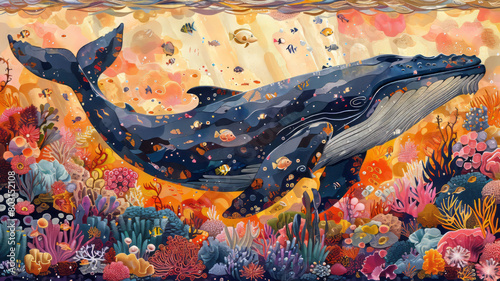 whale  colourful  exquisite detailed  coral  seaweed  fish  patterns  illustration.generative ai