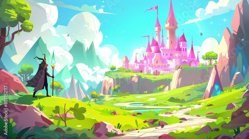 Modern cartoon fantasy illustration of mountain, trees, royal palace, and sorcerer character in cloak with magic staff and broom on road to pink castle on green hill. photo