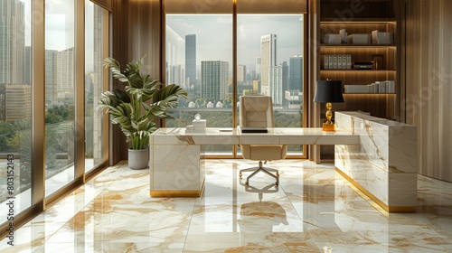 Opulent manager's office with marble and gold finishes, a plush white leather chair, and tinted windows.