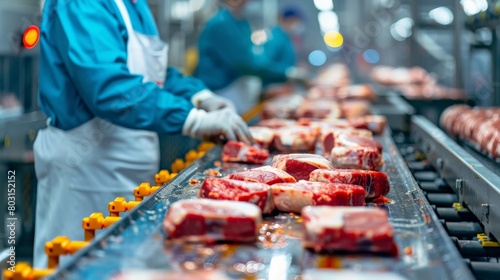 A worker cuts meat in a meat processing plant.