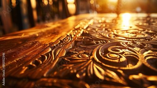 Sunset illuminates intricate wood carvings on a traditional table  showcasing artisanal craftsmanship