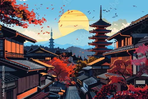 Illustration of Kyoto City with  with vibrant colors