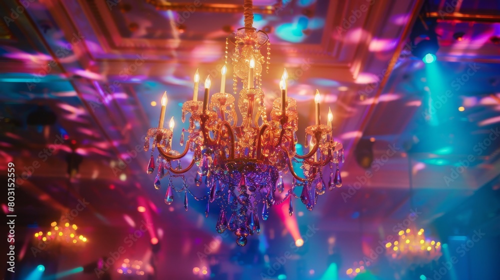 Elegant grand chandelier in a luxurious ballroom with warm lighting and majestic ambiance