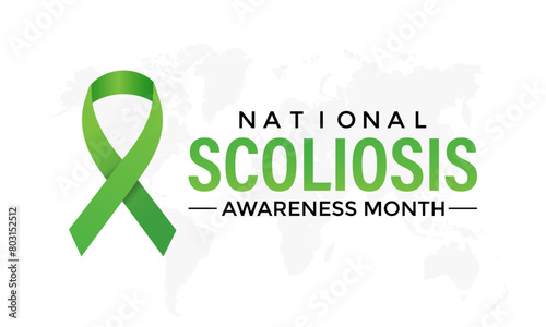 Vector illustration on the theme of National Scoliosis awareness month observed each year in June. Green ribbon with human body design illustration. Banner poster, flyer and background design.
