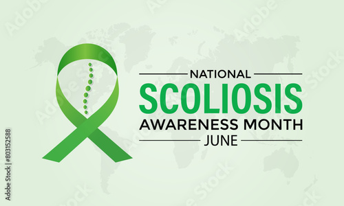 Vector illustration on the theme of National Scoliosis awareness month observed each year in June. Green ribbon with human body design illustration. Banner poster, flyer and background design.
