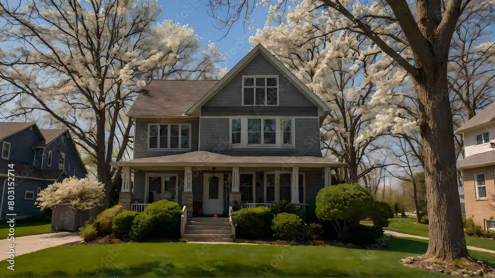 Obraz premium Stunning Spring in Michigan With Beautiful Michigan Style House and Beautiful View.