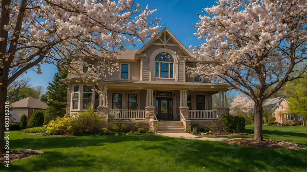 Obraz premium Stunning Spring in Michigan With Beautiful Michigan Style House and Beautiful View.