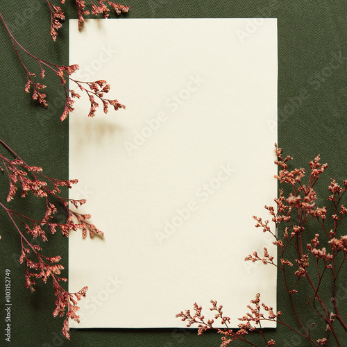 Blank greeting card, invitation mockup. Minimal floral frame made of dry flowers and branches. Happy mother's day. Flat lay, top view. 