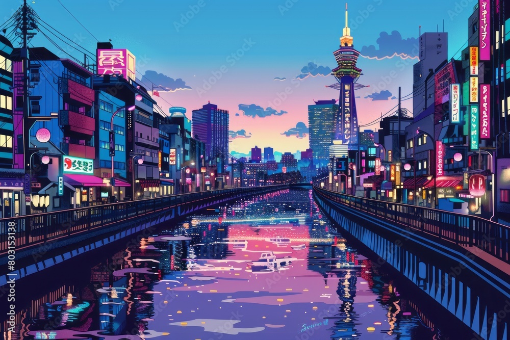 Fototapeta premium Illustration of Osaka City with with vibrant colors