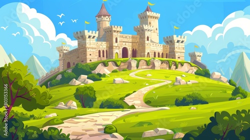 Cartoon illustration of a fairytale road leading to a castle on a hill. Summer landscape of a fantasy kingdom with towers and a royal palace. Middle Ages chateau on green fields and paths.