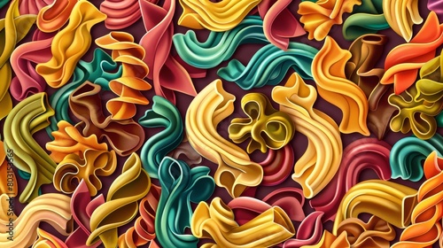 An Italian cuisine background, noodles for cooking. A perfect macaroni cartoon banner with rigati, conchiglie, fusilli, farfalle, and penne pasta of different types.