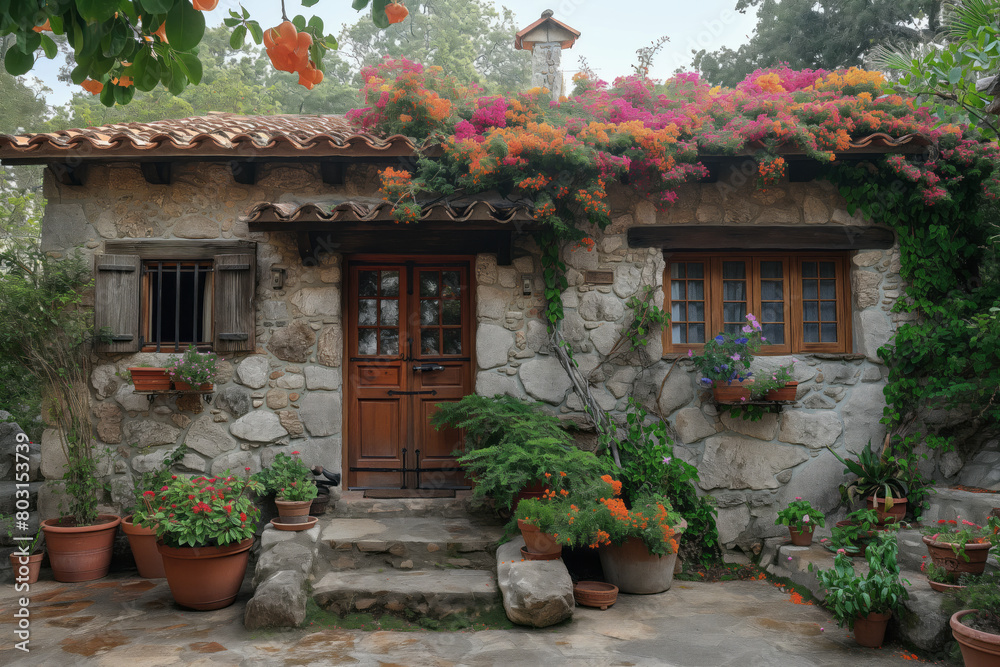 Side angle of the photo. Realistic photo on a sunny day of an idyllic and charming facade with colorful flowers in the window. Generative AI Side angle of the photo. Realistic photo on a sunny day of an idyllic and charming facade with colorful flowers in the window. Generative AI