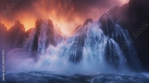 Majestic waterfall cascades powerfully into the abyss against a stunning sunset photo