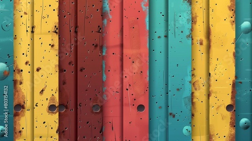 Cartoon illustration of rust marks on rough metallic surface, with red, yellow, blue, green, turquoise paints, patched with ferruginous spots, rust game design.
