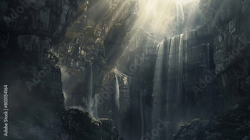 Cascading curtains of light cascade down a sheer cliff face, illuminating the rugged terrain.