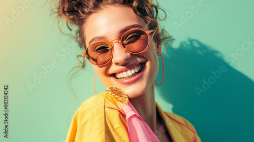 Femme souriante avec des lunettes de soleil et vêtements d'été sur fond vert pastel