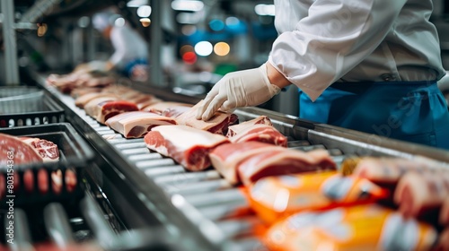 A worker wearing a glove touches a piece of meat on a conveyor belt. photo