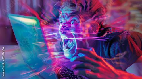homme hystérique devant son écran d'ordinateur, lumière violette et rouge photo