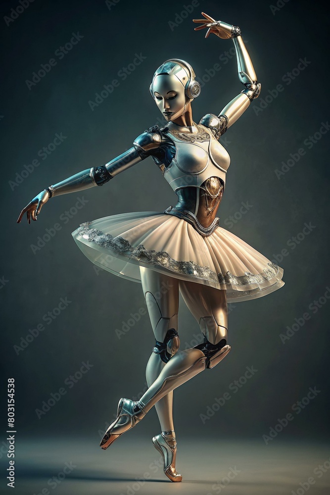 Naklejka premium Futuristic robot ballerina in ballet pose, stylish metal design with detailed joints and tutu, on a gradient backdrop.