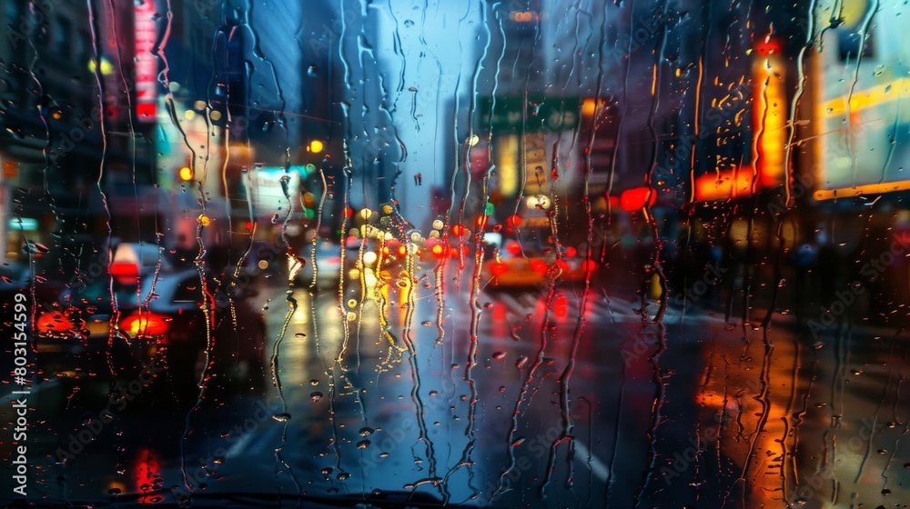 Urban streetscape seen through a rain-soaked window, highlighting gleaming city lights and blurred pedestrians
