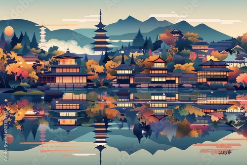 Illustration of Kyoto City with with vibrant colors