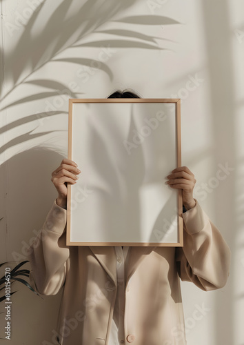 woman holding a blank wooden frame mockup, minimalist style