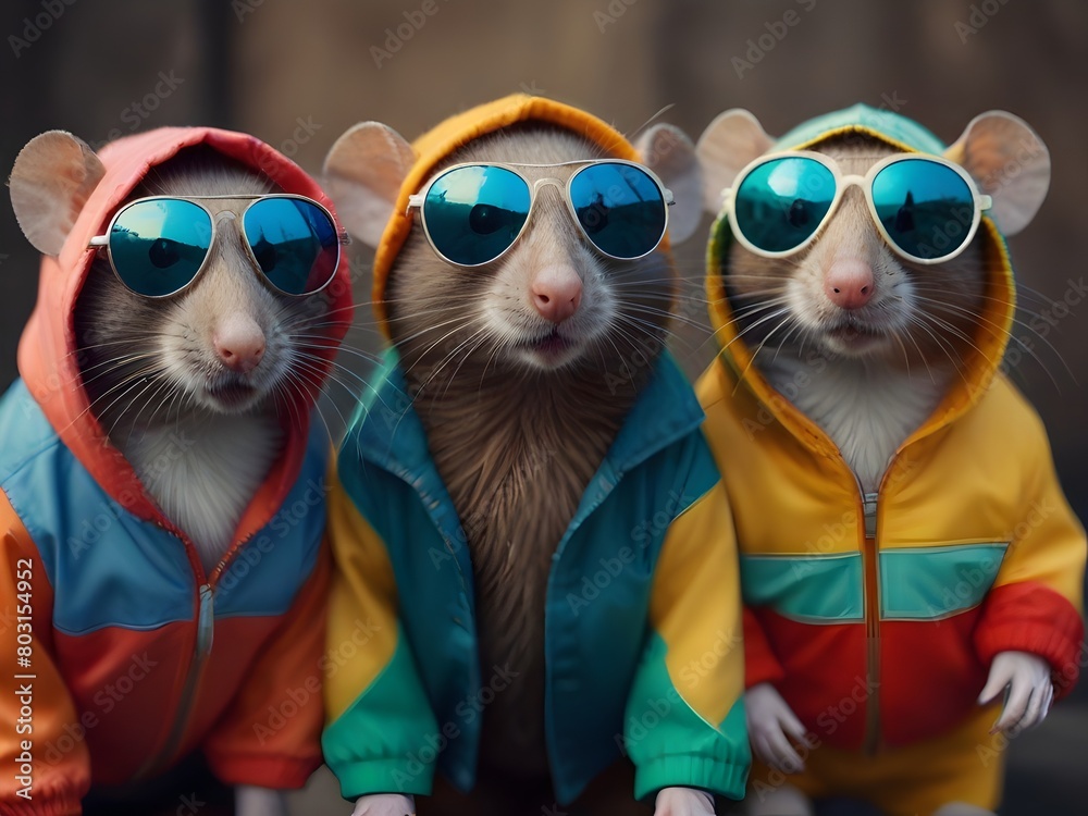 Three stylish rats mouse dressed in colorful jackets with sunglasses on their eyes.,generative AI