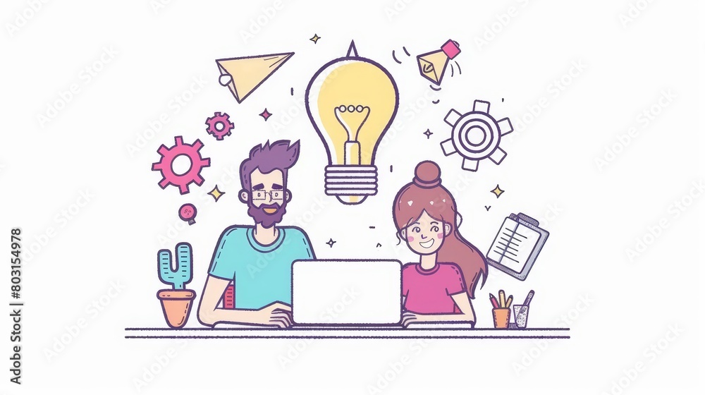 Concept illustration of a man and woman working in an office brainstorming, teamwork, and team meetings. Modern doodle illustration of a man and woman working at their desk, with a laptop, a light Concept illustration of a man and woman working in an office brainstorming, teamwork, and team meetings. Modern doodle illustration of a man and woman working at their desk, with a laptop, a light