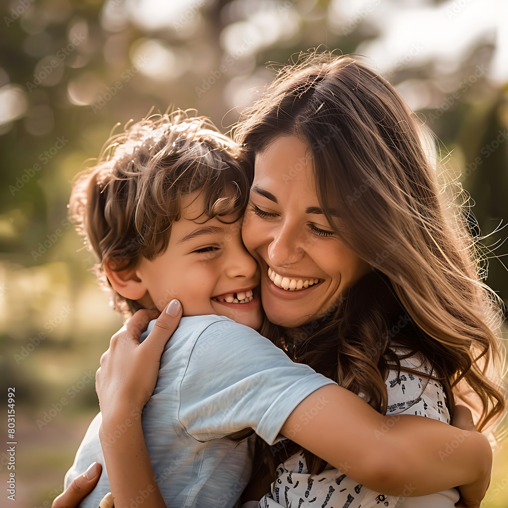 Happy family. Mother and son hugging and smiling while spending time together Happy family. Mother and son hugging and smiling while spending time together