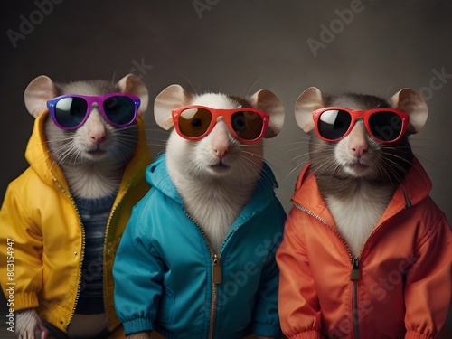 Three stylish rats mouse dressed in colorful jackets with sunglasses on their eyes. generative AI