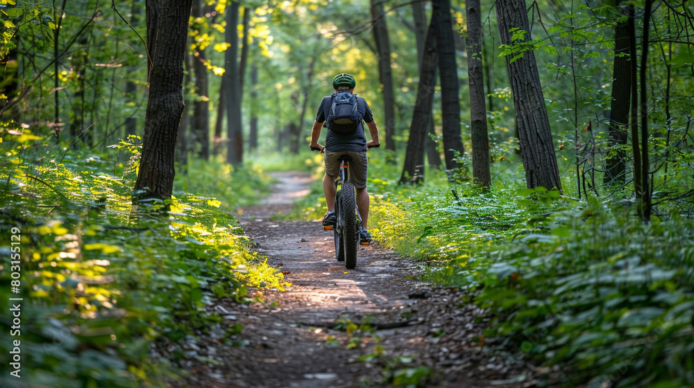 Naklejka premium A mountain biker rides through a forest.