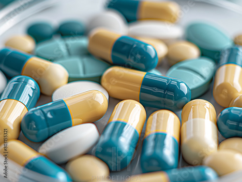 top view of pills and pills blue, green, white in a round plastic plate on a white smooth surface