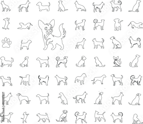 Hand drawn playful dog sketches, various breeds of dogs line art in diverse poses. Perfect for pet lovers, animal themed content, educational material