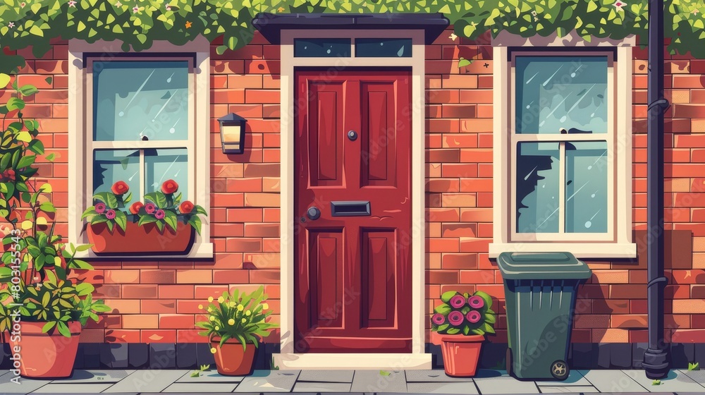 A brick wall, a red door, windows, and a trash bin are the features of this house facade. The front door is closed and flowers are in a pot on the porch. The exterior of a cottage in a city or suburb