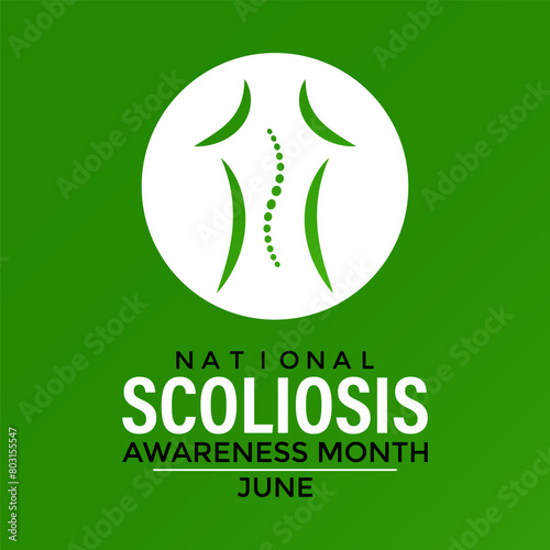 Vector illustration on the theme of National Scoliosis awareness month observed each year in June. Green ribbon with human body design illustration. Banner poster, flyer and background design.
