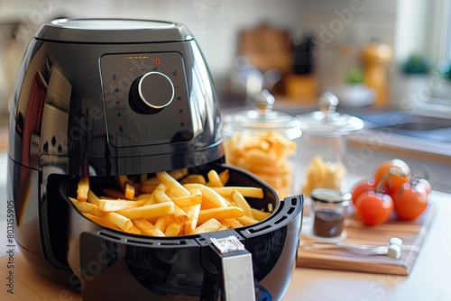 Close-up image of crispy French fries being cooked in a black air fryer, set in a well-equipped modern kitchen.