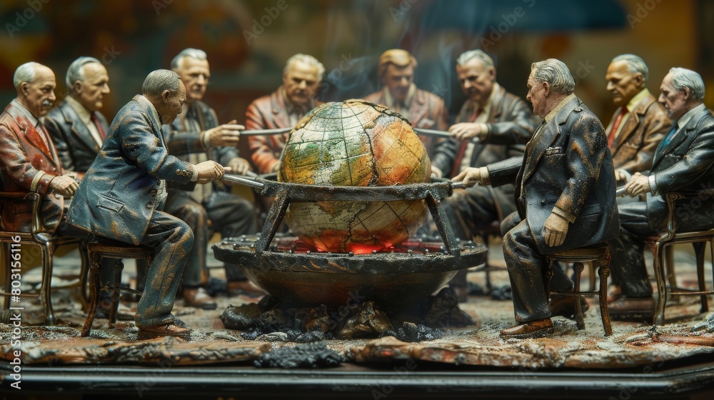 A group of men are gathered around a table with a globe on it. global warming concept.