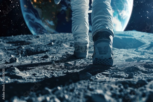 Dramatic image of an astronaut's boot stepping on the lunar surface with a vividly detailed Earth visible in the backdrop. photo